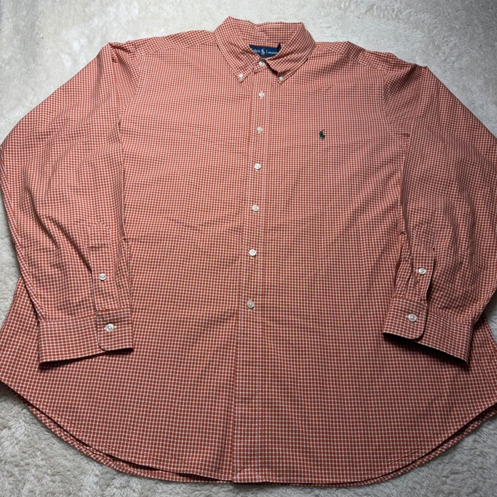 Ralph Lauren Mens XXL Classic Fit Orange Gingham Button Down Shirt Long Sleeve